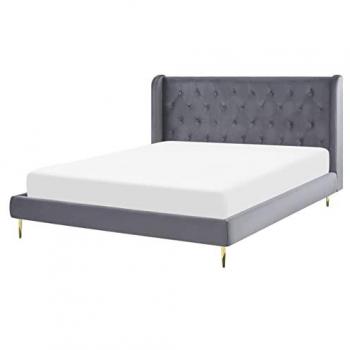 Cama matrimonial con somier de terciopelo gris 160 x 200 cm y cabecero capitoné moderno Forbach