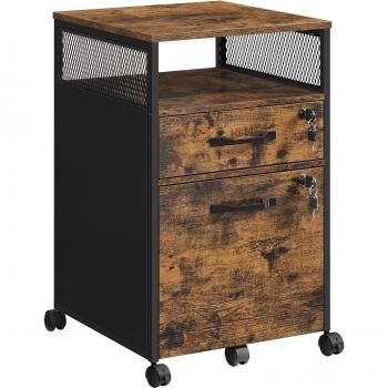 Archivador de Oficina con Cerradura y 2 Cajones - Con Ruedas y Estante Abierto, para Carpetas Colgantes, Marco de Acero, Estilo Industrial, Greige o Marrón