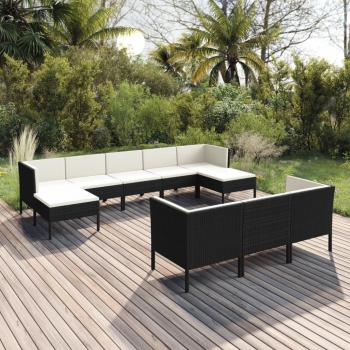 10-Piece Black Poly Rattan Garden Lounge Set with Cushions