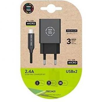 Cargador tech one tech 2.4 doble usb + cable braided nylon micro usb android longitud 1 mt color negro
