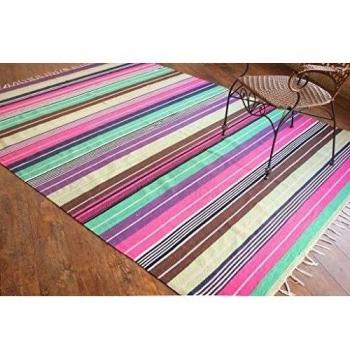 Alfombra de tejido reversible tejido 100% algodón orgánico con tintes vegetales. Estampado a rayas multicolor. Tapete. Medidas: 180x240 cm