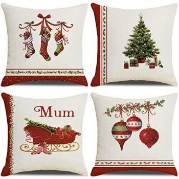 LAXEUYO Cuscini Natalizi, 4 Pack Cotone Biancheria Federe Cuscini Divano Decorativo Copricuscini Natalizi 45x45 cm
