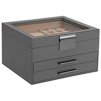 Caja joyero de lujo gris de 3 niveles con tapa de cristal y 2 cajones