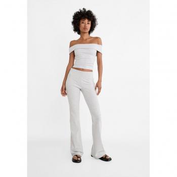 Grey Melange Ribbed Waist Flared Trousers XS