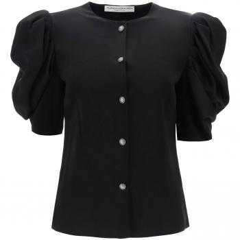 Alessandra Rich Black Envers Satin Blouse with Bouffant Sleeves - Size M