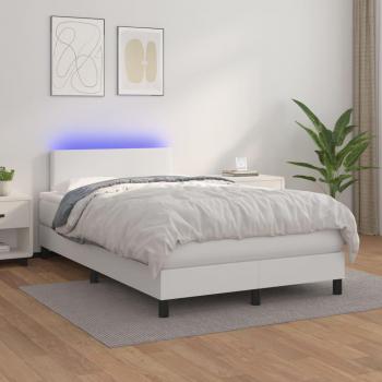 Cama box spring con colchón y luces LED en cuero sintético blanco 120x200 cm