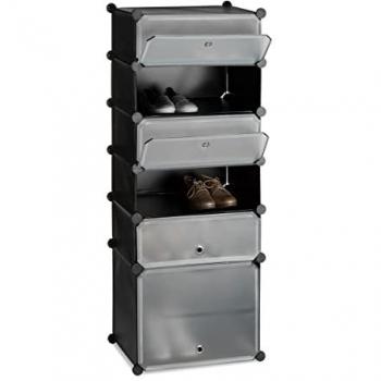 Zapatero Estrecho Modular de Plástico Negro con 6 Compartimentos, Dimensiones 126 x 49 x 36.5 cm