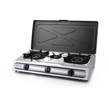 Orbegozo FO 3510 - Hornillo a gas, cuerpo inox, 2 quemadores de triple corona y 1 normal, encendido piezoeléctrico, uso interior y exterior, gas butano o propano