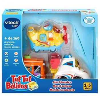 VTech TutTut Bólidos Pack de 3 coches con botón sorpresa, Alan fórmula 1, Mar el autocar y Marieta la avioneta, multicolor