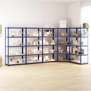 Estantería de 5 niveles con estructura de acero azul y estantes de madera contrachapada multicapa