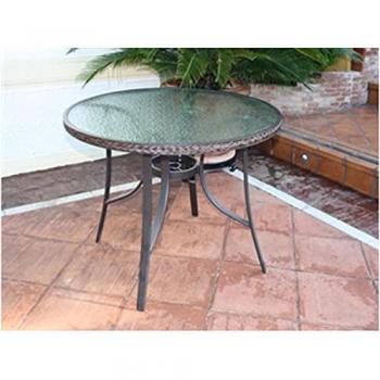 Mesa de Aluminio Osuna Marrón 104 cm con ribete de fibra imitación mimbre de color, fabricada en aluminio de alta calidad