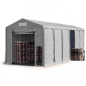 Carpa almacén Toolport 6x12 m, altura lateral 4 m, PVC 850 gris, 100% impermeable, puerta levadiza