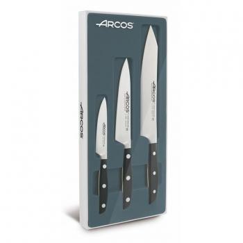 Arcos Manhattan - Set de 3 Cuchillos de Cocina con Hoja de Acero Inoxidable Forjado Nitrum® y Mango de Polioximetileno (POM) Negro