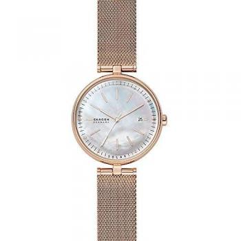 Ladies Skagen Karolina Solar Powered Watch - Rose-Tone, Mesh Band, Pink Dial, Stainless Steel, Classic Analogue, Size: ONE SIZE