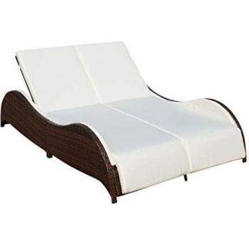 Double Sun Lounger with Cushion Poly Rattan Brown