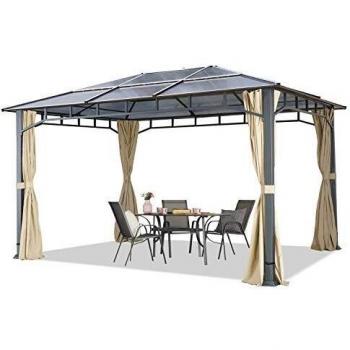 Cenador de jardín Toolport 3x4 m Aluminio con techo de policarbonato aprox. 8mm y 4 cortinas laterales color champán
