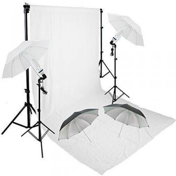 PMS Fotografia 3 x 6m Blanco Muselina algodón Fondo + 2.8m * 3M Soporte de fondo + 4 x Paraguas Blanco Negro Silver continua iluminación Kit Sistema de fondo Estudio fotográfico
