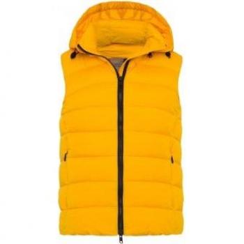 Chaleco Aoraki amarillo ECOALF para mujer, fabricado con materiales reciclados, diseño ligero y transpirable, ideal para actividades al aire libre, cuenta con cierre frontal y múltiples bolsillos