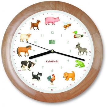 KOOKOO KidsWorld Madera, Reloj de Pared Genuino, Sonidos de Animales Naturales, 12 Animales de la Ganja