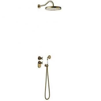 Kit de ducha termostático empotrado Tres-Clasic Color, 2 vías, ducha fija de 310 mm con rótula, soporte con toma pared, 57 x 31 x 116,4 centímetros, color latón viejo