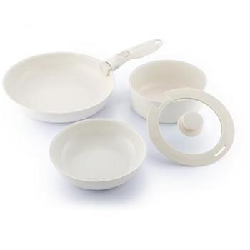 Set de Sartenes con Mango Extraíble y Tapa Passet InnovaGoods 5 Piezas, antiadherentes, apto para todo tipo de cocinas y horno, incluye utensilios de cocina, color beige