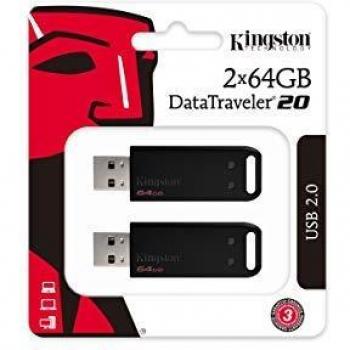 Kingston - Unidad Flash USB DataTraveler 20, 64GB, USB 2.0, Tipo A, Pack de 2 - Negro
