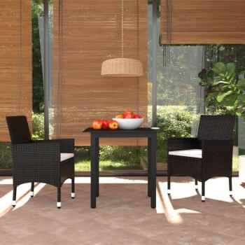 3-Piece Black Poly Rattan Garden Dining Set with Cushions