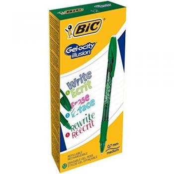 BIC Gel-ocity Illusion Bolígrafos de Gel Borrables con Punta Media de 0,7 mm en Verde - Paquete de 12 Unidades