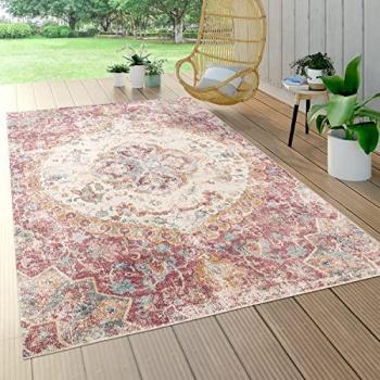 Alfombra Exterior e Interior Balcón Terraza Oriental Vintage Moderna Coral Rosa Beige 80x150 cm - Paco Home