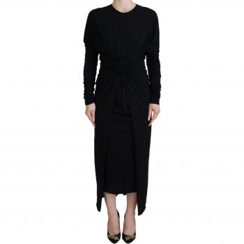 Dolce & Gabbana Black Sheath Midi Wool Wrap Dress