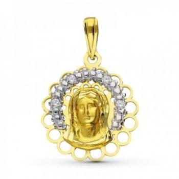 Medalla de la Virgen Niña en oro bicolor 18k con circonita y detalles calados