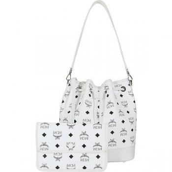 MCM Dessau Medium White Bucket Bag with Drawstring Closure