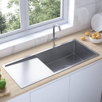 Fregadero de cocina hecho a mano de acero inoxidable con acabado pulido, diseño moderno, resistente a manchas y corrosión, fácil instalación y mantenimiento