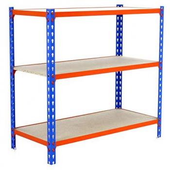 Estantería Metálica SimonRack de Almacenaje con 3 Baldas de Madera, 1000x800x400 mm, Soporta 150 kg por balda, Color Azul/Naranja/Madera