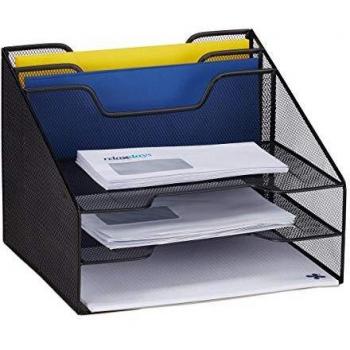 Organizador de Documentos de Escritorio con 5 Compartimentos, Porta Cartas A4, Malla Metálica, 24x32x29 cm, Negro - Relaxdays