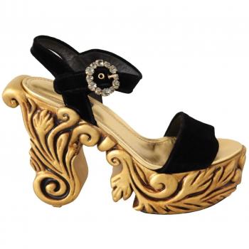 Dolce & Gabbana Black Gold Baroque Velvet Heels Crystal Shoes, High Heel Sandals, female, Size: EU38/US7.5, Color: Black