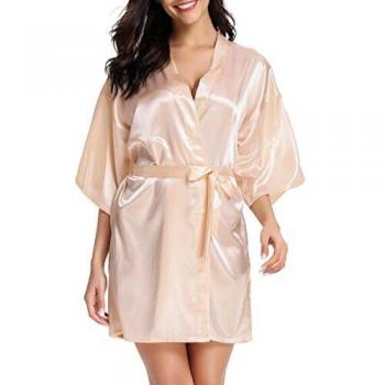 Vlazom Bata Mujer Verano Corto y Sexy, Kimono Mujer Vestir de Satén de Manga 3/4, Batas Novia Boda de Seda con Cinturón,S,Champn