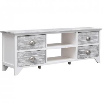 Mueble para TV de madera de paulownia 108x30x40 cm en color blanco y gris, ideal para salón, con diseño moderno y funcionalidad práctica