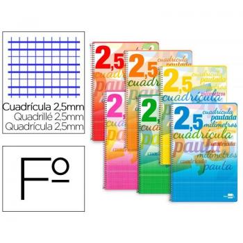 Cuaderno espiral Liderpapel Folio Pautaguía Tapa Blanda 80h 75 gr Cuadro Pautado 2,5mm con Margen Colores Surtidos