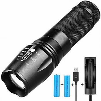 Linterna LED,Linterna Táctica,Alta Potencia Recargable 2000 Lumens Flashlight de 5 Modos para Ciclismo Camping Montañismo incluida un 2 de 18650 USB Carga Recargable