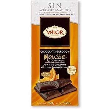 Chocolates Valor Chocolate 70% Cacao con Mousse de Naranja, sin Azúcar, 150g