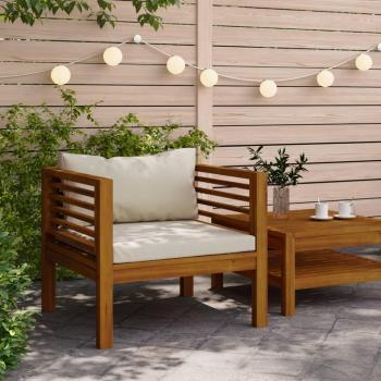 Silla de jardín con cojines de madera maciza de acacia en color blanco crema y gris oscuro, incluye conjunto para terraza y muebles de jardín exterior