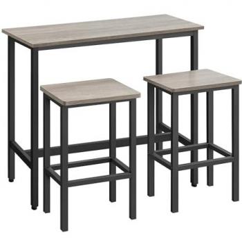 Conjunto de mesa y taburetes de bar estilo industrial, mesa alta de cocina, 2 taburetes, marco de acero resistente, diseño compacto y elegante para espacios reducidos, color gris melange o negro ébano