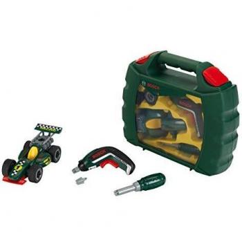 Maletín de herramientas Bosch Grand Prix con destornillador eléctrico Ixolino y coche de carreras atornillable, juguete para niños a partir de 3 años