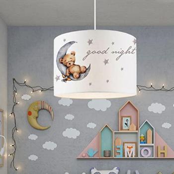 Lámpara Colgante Infantil Rugby 1 x E27 20w con Motivo de Oso en Plástico y Tela, Dimensiones 70 x 28 cm, Color Blanco