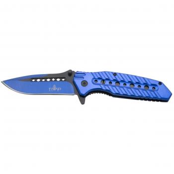 THIRD Navaja asistida 10344A, Mango de Aluminio Azul con Agujeros, Hoja de Acero INOX Negra y anodizada en Azul de 10.5 cm con Funda de Nylon