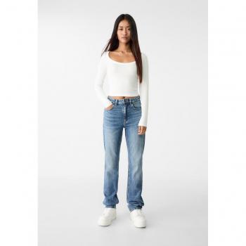 Stradivarius Straight Fit Regular Waist Comfortable Straight-Leg Jeans Medium Dark Blue Denim