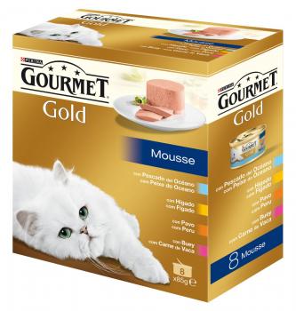 Purina Gourmet Gold Mousse Multipack Surtido de Buey, Pescado, Hígado y Pavo - Comida Húmeda para Gatos Adultos 8x85g
