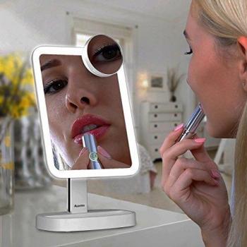 Auxmir Espejo Maquillaje con Luz LED Aumento 1X/10X, Espejo Cosmético Iluminado de Mesa,180 Rotación, Brillo Adjustable Recargable USB con Pilas, Afeitado y Maquillaje, Cuadrado Blanco