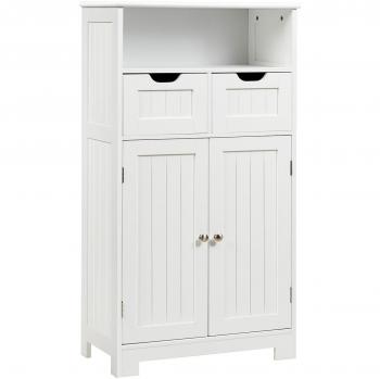 Armario del Baño Costway con Repisa Abierta, 2 Puertas y 2 Cajones, Mueble de Almacenaje de Suelo Auxiliar para Salón, Baño, Habitación, Casa y Oficina, Color Blanco